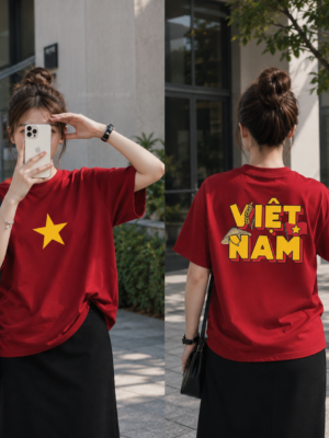 Áo Việt Nam đỏ sao vàng cotton 4 chiều form rộng unisex mặt trước và mặt sau, áo đồng phục nhóm du lịch team building in theo yêu cầu