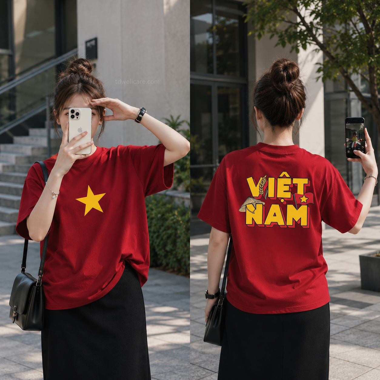 Áo Việt Nam đỏ sao vàng cotton 4 chiều form rộng unisex mặt trước và mặt sau, áo đồng phục nhóm du lịch team building in theo yêu cầu